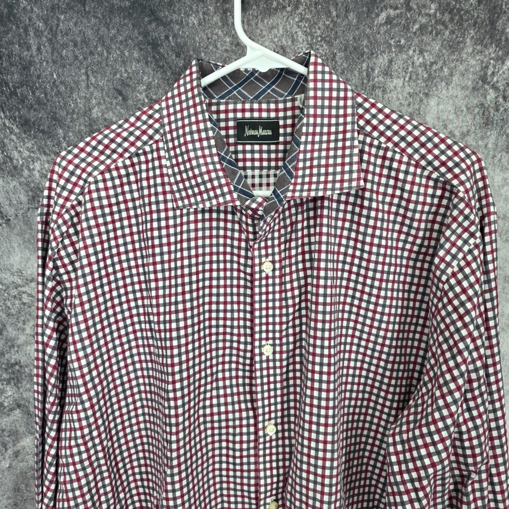 Neiman Marcus Shirt Mens 2XL Check Button Up Long‎ Sleeve Casual Preppy - Picture 3 of 13